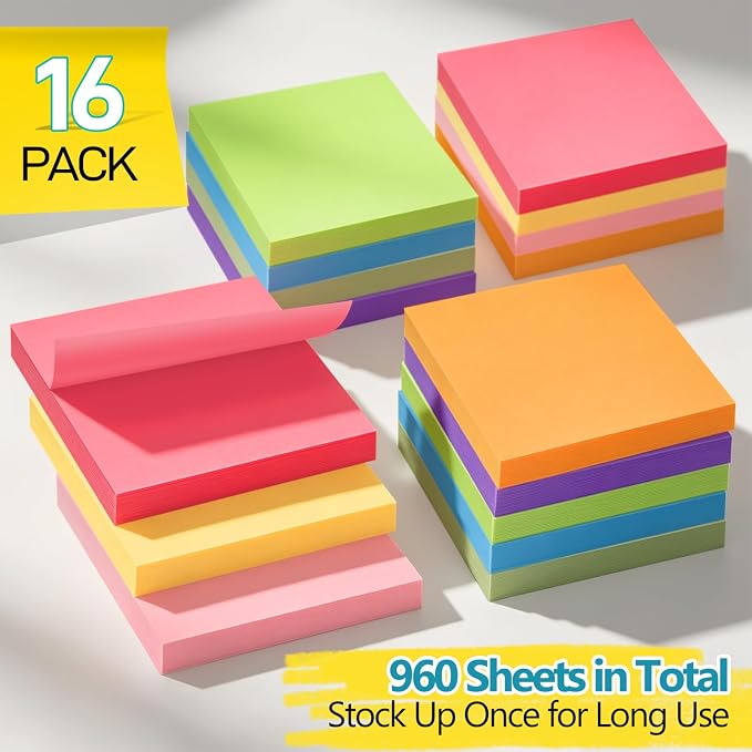 16 Pack of 3x3 Inch Sticky Notes Self-Stick Memo Pads - 960 Sheets in Total! Great for Home, Office & School