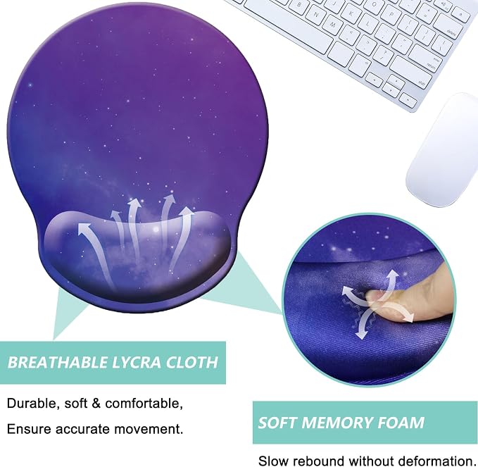 Mouse Pad with Wrist Support, Ergonomic Mouse Pad with Memory Foam Wrist Rest Cushion, Non-Slip Rubber Base Gaming Mice Pad for Home Office Computer Laptop, Starry Sky Purple
