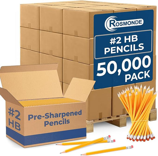 Rosmonde Pencils Bulk, 50,000 Pack, Pre Sharpened #2, Pencils Set, Easy Hold Grip With Erasers On Top, Mega Bulk Supply for Teachers, School Districts, Classroom Stocking & Back to School Programs