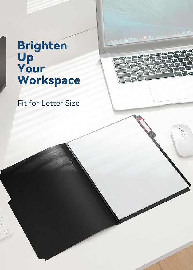 Plastic Manila Folders 8.5 x 11, 12 Pack, Poly Black File Folders, 1/3-Cut Tabs with Colorful Labels, Letter Size