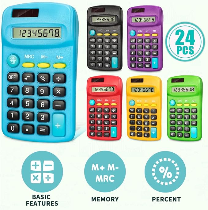 BAYSING 24 PCS Basic Calculators, Pocket-Size Mini with 8 Digit Display | Solar/Battery Dual Power - Bulk for Students, Classroom, Junior High, School, Home & Office (6 Colors)