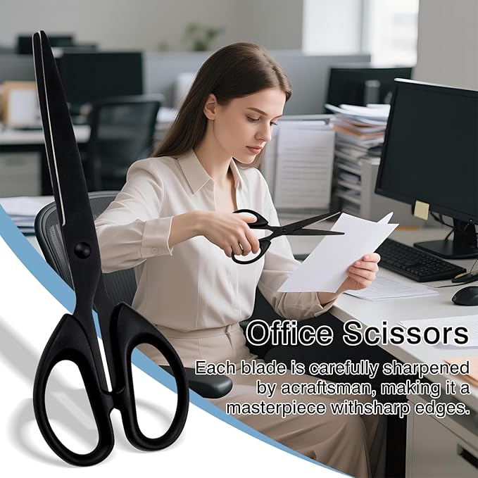 Black All-Purpose Office Scissors – Sharp Stainless Steel Blade Shears with Straight ABS Handle for Home, School & Craft Use