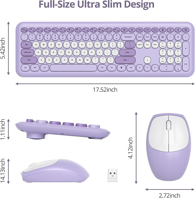 surmen Purple Keyboard and Mouse Wireless, Cute Wireless Typewriter, Full Size Slim Silent Round Keys Aesthetic Keyboard for Home and Office(Colorful Purple)