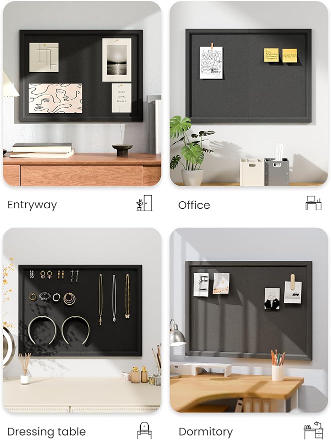 Fluxynara 23.6" x 17.1" Felt Frame Bulletin Board, Black | Cork Board Alternative with 12 Removable Adhesive Tabs, Foldable Pin Board for Wall, Home, Office, Classroom & Dorm