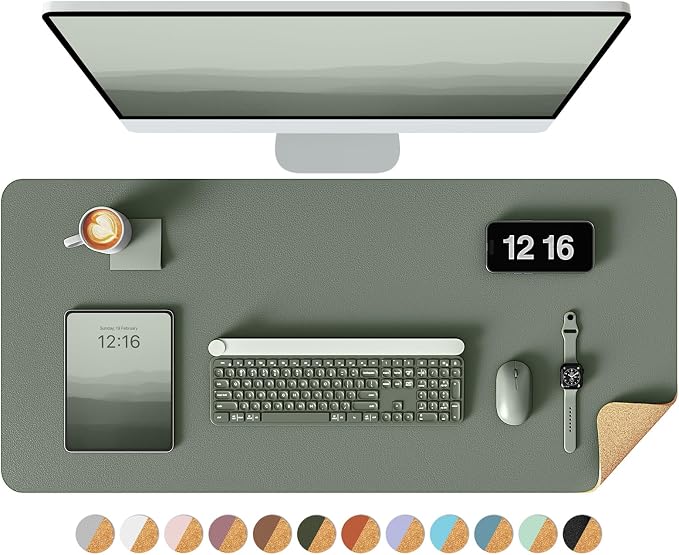 YSAGi Double-Sided Desk Pad, 35.4"x17"Leather Desk Mat, Eco Cork Desk Pad Protector,Large Mouse Pad,Waterproof Desk Blotter for Office/Home(Jungle Green)