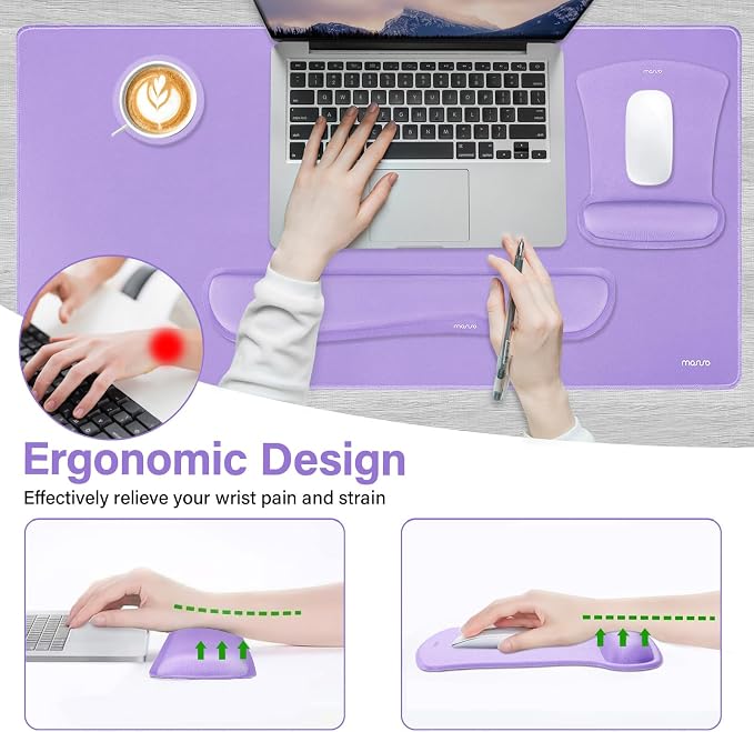 MOSISO Keyboard Mouse Pad Set, Large Gaming Mousepad&Keyboard Wrist Rest | Mouse Wrist Rest&Coaster, Ergonomic Non-Slip Mousepad&Easy Typing Cushion with Memory Foam for Home Office, Purple