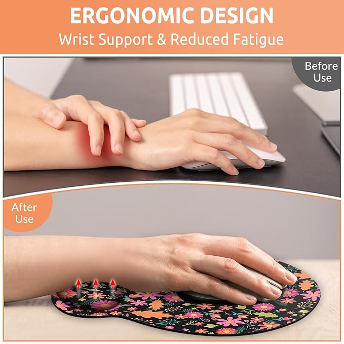 Ergonomic Mouse Pad with Wrist Rest, Small Mousepad with Non-Slip Rubber Base and Smooth Surface, Black Flowers Mouse Pads for Desk, Office Desk Accessories