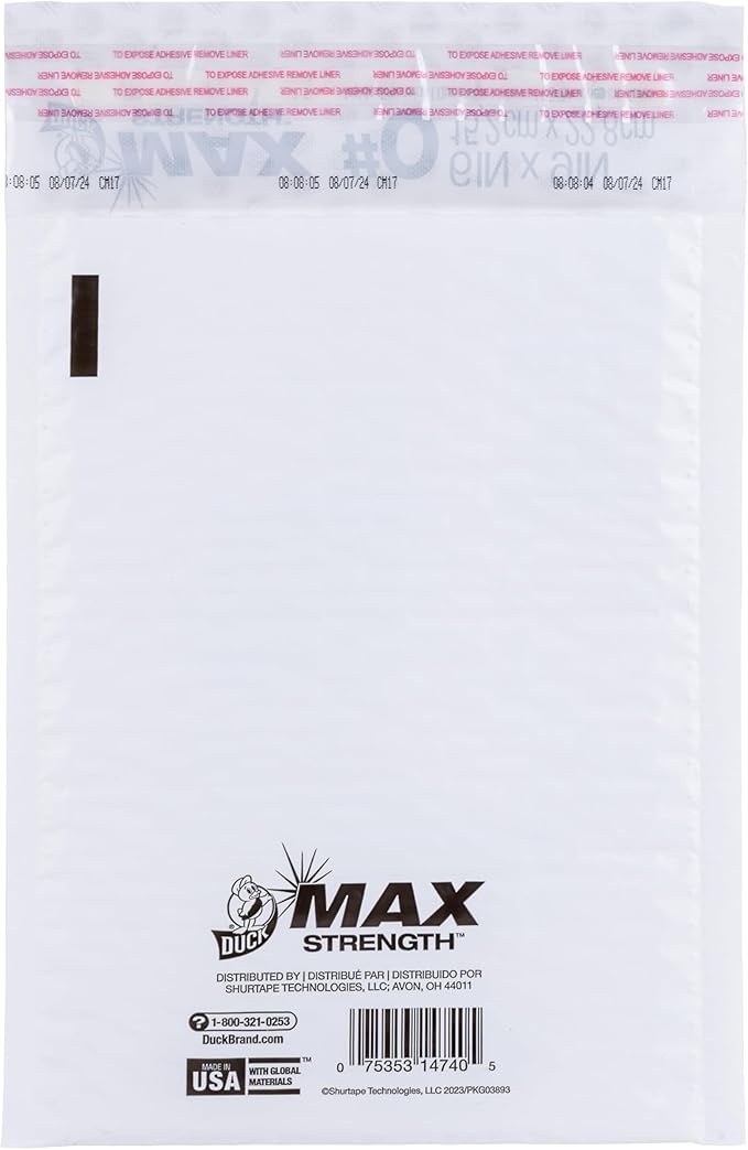 Duck Max #0 Poly Bubble Mailer, White, 6 inch x 9 inch, 25 Pack