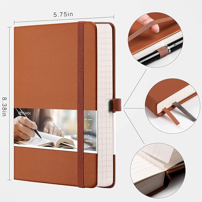 EMSHOI A5 College Ruled Notebook, 256 Numbered Pages 120GSM Ink-Proof Faux Leather Hardcover Lay-Flat Lined Journal for Work Office School Travel Writing, Small 5.75" x 8.38", Brown