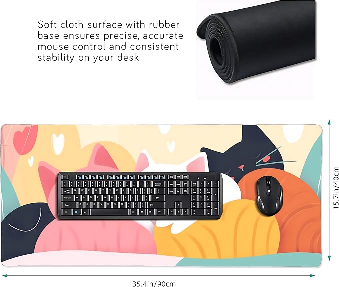 Cute Anime Cats Gaming Mouse Pad, Colorful Pop Art Desk Mat with Anti-Slip Base & Stitched Edges, Office & Home Desk Decor for Women, 35.4" x 15.7" in Computer Desktop Mat