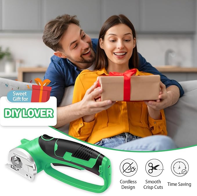 Cordless Electric Scissors, 4V Rechargeable Box Cutter & Cardboard Cutter with LED Light, Safety Lock - Rotary Cutter for Fabric, Leather, Plastic, Crafting, Sewing with Storage Box(Bright Green)