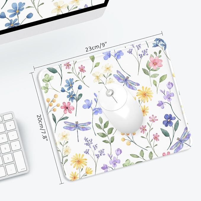 Mouse Pad with Stitched Edge, Multiple Patterns Computer Mouse Pads with Non-Slip Rubber Base, Washable Cloth Mousepad, for Gaming, Laptop, PC (Dragonfly Meadow)