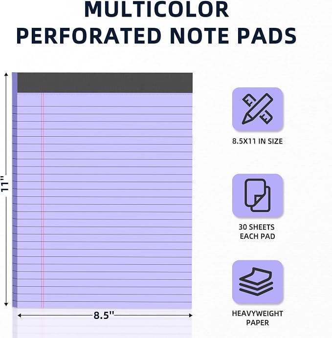 Colored Legal Pads 8.5 x 11, 3 Pack Notepads 8.5 x 11 Wide Ruled Note Pads | Micro Perforated Writing Pads 8.5 * 11 with Sturdy White Back, 30 Sheet/Notepad, Lined Paper for Home School Office Supplies
