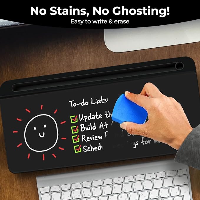Chalkola Black Glass Desktop Whiteboard with Storage - Desk Organizer Buddy | Dry Erase Board, Work Desk Organizers, Computer Keyboard Stand, Home Office Accessories, Workspace Desktop Buddy + 3 Markers