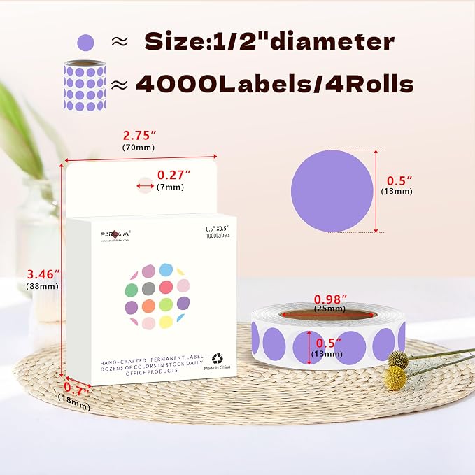 PARLAIM 1/2 Inch Round Permanent Adhesive Color-Code Dot Stickers, 4000 Stickers, 4 Roll Dispenser Box Lavender Circle Labels