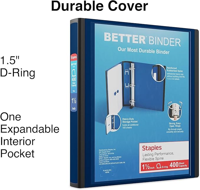 Staples Better View 1.5-Inch D-Ring Binder, Blue – Durable 3-Ring Binder with Clear Overlay for School & Office