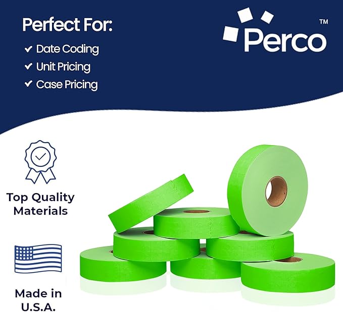 Perco Fluorescent Green Pricing Labels for Monarch 1131 Price Gun - 1 Sleeve, 8 Rolls, 20,000 Price Marking Labels - with Ink Roll Included