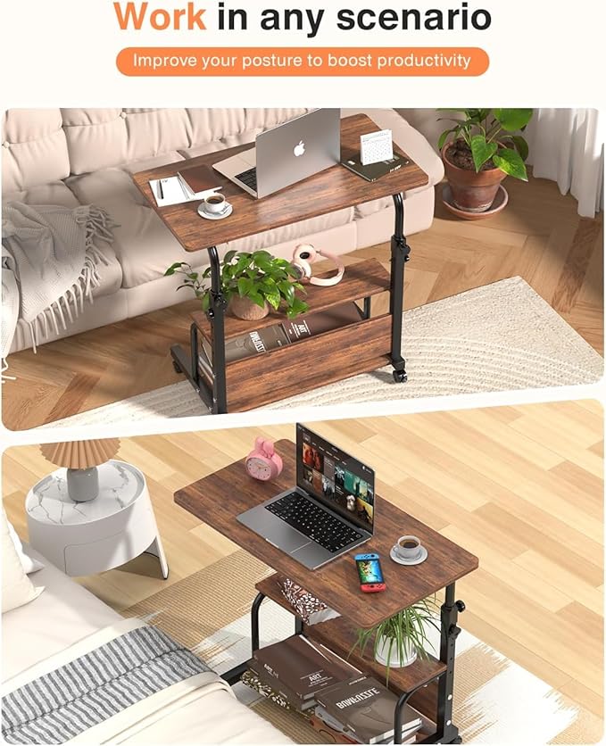 Portable Rolling Desk on Wheels Adjustable Height Desks for Small Spaces, 32" Computer Desk Drafting Tables with Storage Shelves for Home Office Rustic