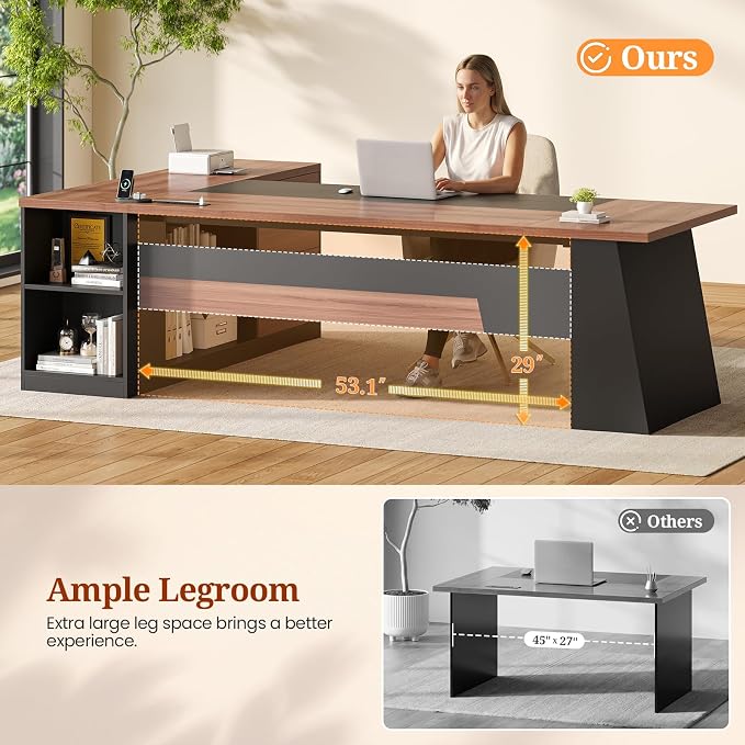 78.7" L Shaped Executive Desk with Power Outlets, Extra Large Office Desk with Drawers & File Cabinet, Modern Corner Computer Desk with Storage Shelves, Business Furniture, Walnut & Black