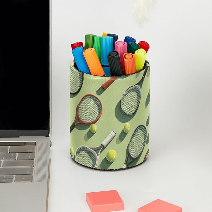 Leather Pen Holder for Desk, Tennis Balls Racket Painted Pencil Cup Pen Organizer Makeup Brush Holder for Office Home Kids Countertop Desk Accessory Storage