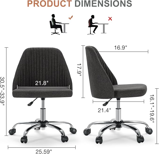 DUMOS Comfy Office Desk Chair, Armless Computer Vanity Chair | Height Adjustable, 360° Rolling Swivel Task with Wheels, Wide Seat Home Bedroom, Student, Adults, Gunmetal Gray