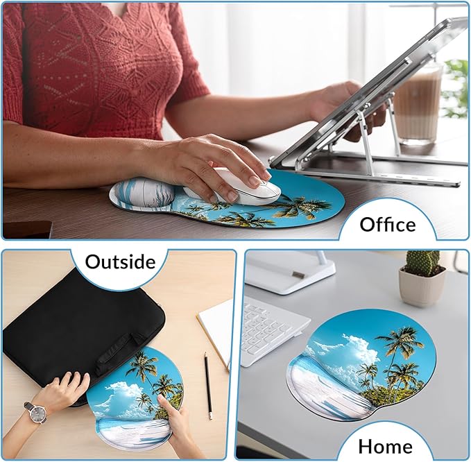 Ergonomic Mouse Pad with Wrist Rest, Small Mousepad with Non-Slip Rubber Base and Smooth Surface, Beach Mouse Pads for Desk, Office Desk Accessories
