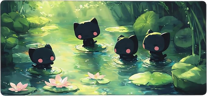 Cute Anime Black Cat Gaming Mouse Pad, Forest Green Anime Desk Mat with Anti-Slip Base & Stitched Edges, Computer Keyboard & Laptop Pad, 35.4" x 15.7" in in Workstation Accessories