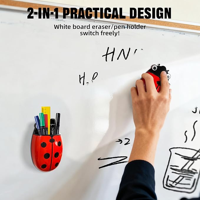 Magnetic Pen Holder for Fridge Whiteboard, 2-in-1 Magnetic Marker Holder Dry Erase Marker Whiteboard Eraser, Cute Ladybug Pencil Cup Desk Organizer for Classroom Office School Home (4-Pack)
