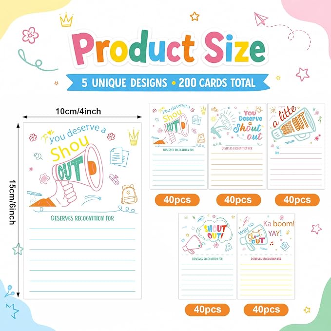 200 Count Colorful Shout Out Cards Positive Appreciation Recognition Reward Cards Encouragement Postcard Set for Employees Teachers Students Staff Office Back to School or Work Bulletin Board
