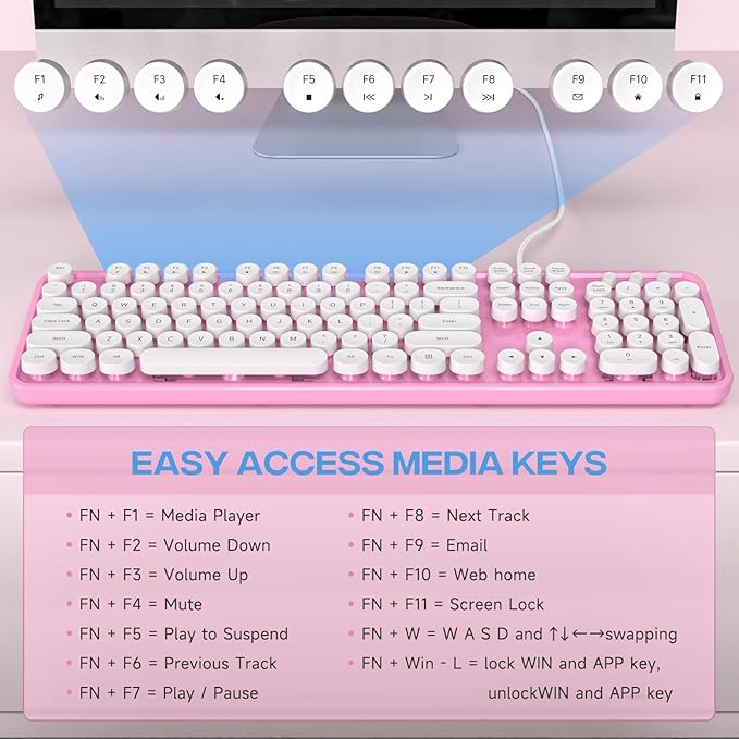Computer Keyboard Wired, Plug and Play USB Retro Round Typewriter Keyboard, Full Size Wired Keyboard with Foldable Stands for Laptop and Office PC
