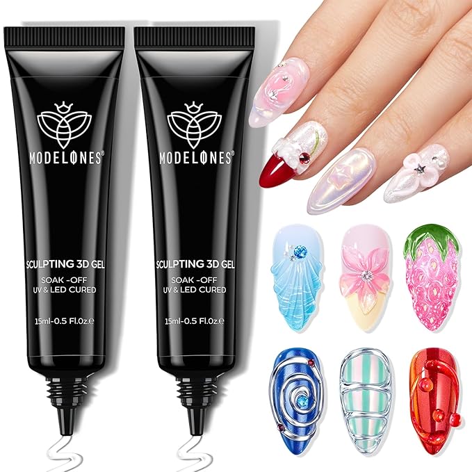 modelones 2Pcs Clear 3D Gel Nail Art, Sculpting Molding Builder Gel Nail Glue for Charms Gems Chrome Powder Rhinestone No Wipe Squeeze Tube DIY & Salon Use