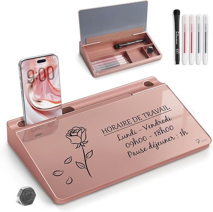 TOWON Compact Glass Desktop Whiteboard with Storage 12x7 in, Rose Gold | Aesthetic dry erase surface, 5 markers, eraser and holder included, for the office, home or school desk