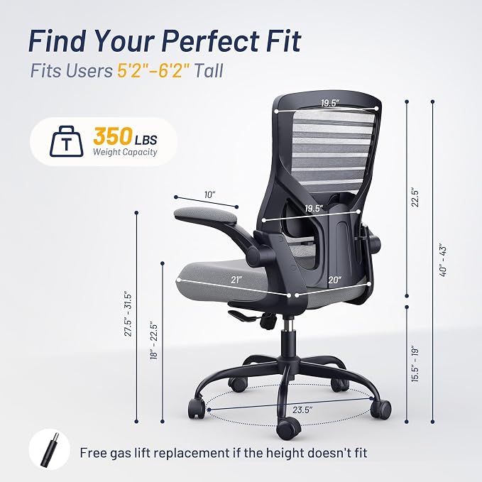 Office Desk Chair for Long Hours & Back Pain Relief – 4“ Thick Molded Foam Cushion, Enhanced Lumbar Support, Padded Flip-up Armrests, Ideal for Office or Study, Dark Gray