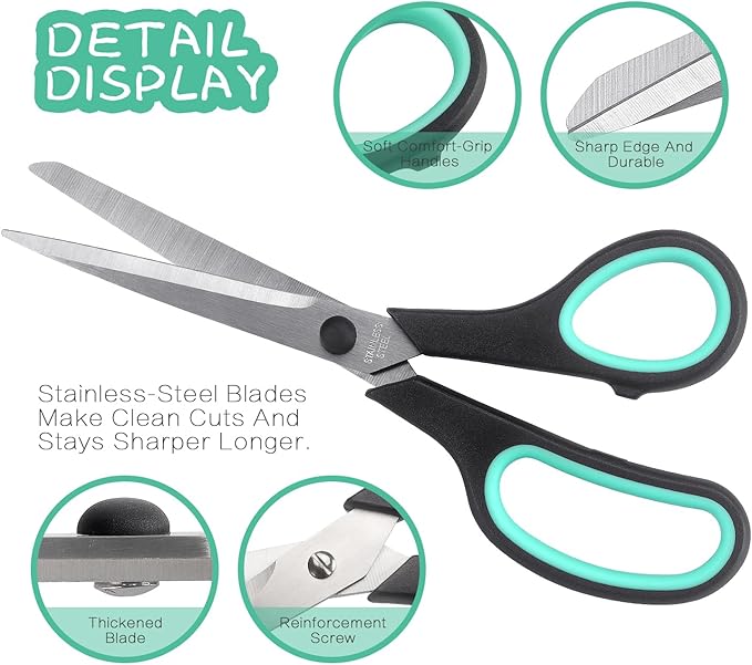 Scissors 8.5 Inch all purpose Bulk Set of 3, Scissors for Office Home School Craft Supplies, Soft Comfort-Grip Right/Left Hand, Black