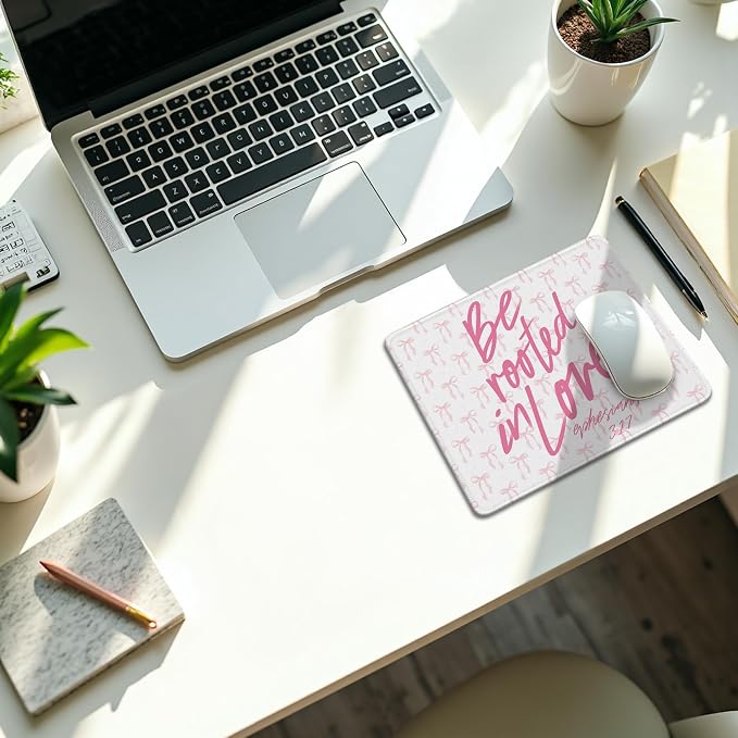Coquette Preppy Pink Bow Christian Mouse Pad, Trendy Girly Pink Ephesians 3:17 Bible Verse Mouse Pads Mousepad for Home Office Dorm Computers Laptop Supplies Desk Accessories, 9.5x7.9 Inch