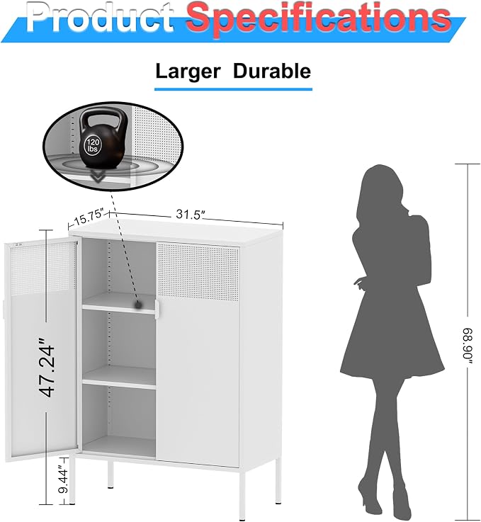 Washsemba 2 Mesh Door Metal Storage Cabinet with Adjustable Shelves, Multipurpose White Storage Cabinet, 3-Tier Office Cabinet,Metal Storage Cabinet for Office Home,Hallway (White, 47''H)