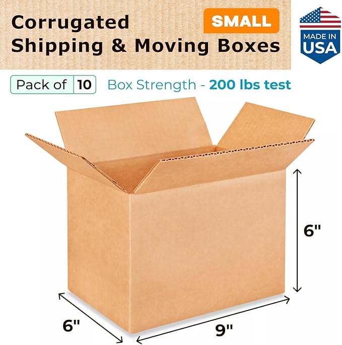 Small Moving & Shipping Boxes 9x6x6 inches (10-Pack) - Extra Strength 200 lb vs Regular - USA-Made Corrugated Boxes for Packaging for USPS/FEDEX - Moving Box Heavy Duty - Cartons Box by IDL Packaging
