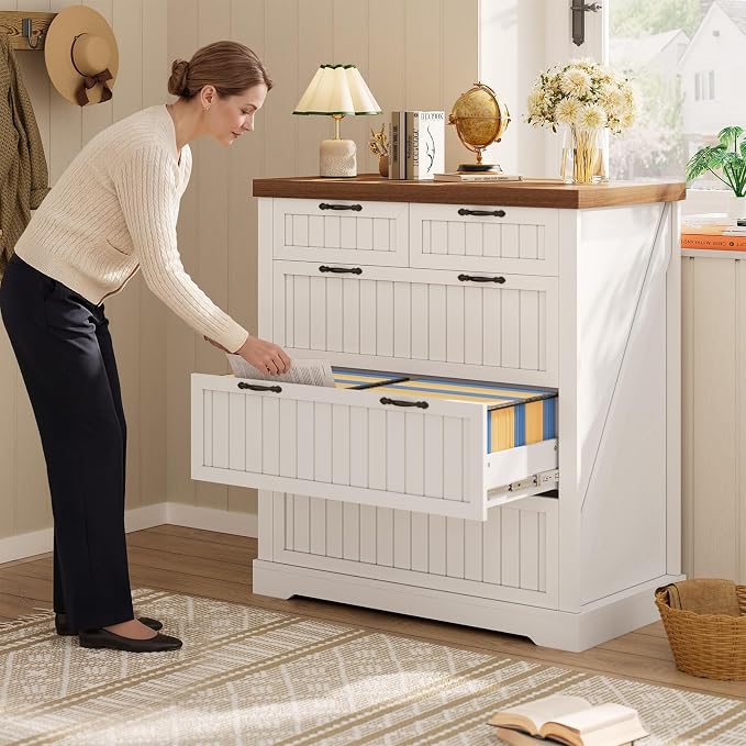 SEDETA Farmhouse File Cabinet with 5 Drawers, Filing Cabinet for Home Office, Wood Office File Cabinets for Letter/Legal/A4 Size, File Cabinets with Printer Stand, White and Brown