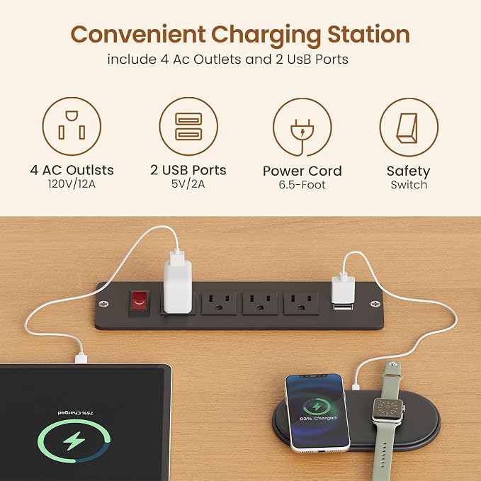 SEDETA Fluted L Shaped Electric Standing Desk, 63" x 67" Height Adjustable Home Office Executive Desk with Drawers and Shelves, Two Person Desk with Power Outlet for Home Office, Oak