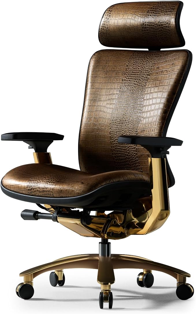 TOMU Genuine Leather Office Chair Cowhide, Ergonomic Executive Office Chair for Boss, with Golden Base,Adjustable armrest, Headrest, Lumbar Support and Reclining Back- Luxury and Commercial