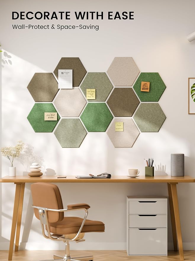 Fluxynara 12-Pack Hexagon Felt Bulletin Board Tiles, Moss Haven | Cork Board Alternative with 60 Adhesive Tabs for Notes, Photos and Reminders in Home Offices, Dorm and Classrooms