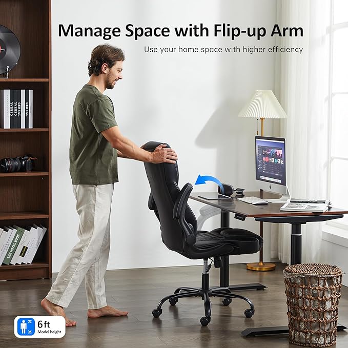 Office Chair, Executive PU Leather Chair Home Office Desk Chairs, Ergonomic Computer Desk Chair with Adjustable Flip-Up Arms, Lumbar Support Swivel Task Chair with Rocking Function (Black)