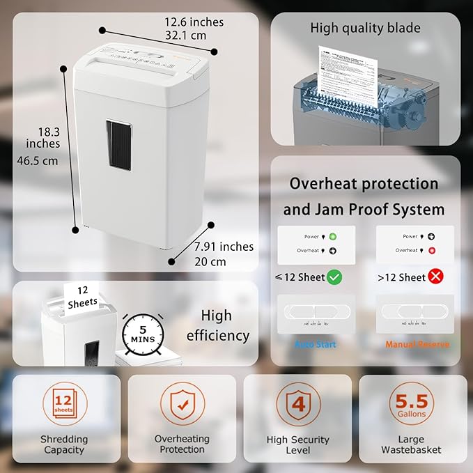 Bonsaii 12-Sheet Crosscut Paper Shredder for Home Office, P-4 Security, 5-Minute Continuous Run Time, Overheat Protection, 5.5-Gallon Bin with Clear Window & Handle, Compact White Design