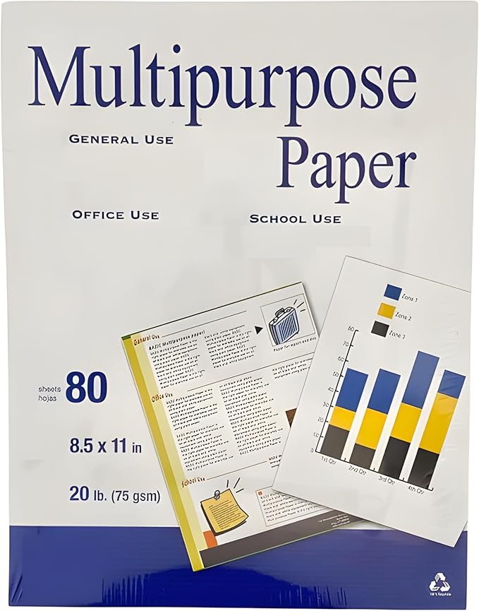 80 Sheets 8.5" x 11" White Multipurpose Paper, 20 LB (75 gsm) – Copy, Fax & Laser Compatible – Everyday Office, School & Printing Use