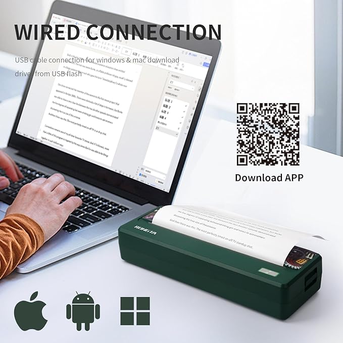 Rongta Portable Printer Wireless for Travel, 300DPI Thermal Inkless Bluetooth Mobile Printer, Support 8.5" X 11" US Letter, Compatible with Android iOS Phone & Laptops (DarkGreen)