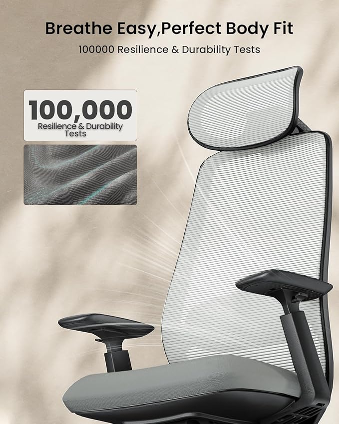 ProtoArc Ergonomic Office Chair – EC200 High-Back Mesh Computer Chair with Lumbar Support, 3D Adjustable Headrest & Sliding Seat for 8+ Hour Comfort, Big & Tall Home Office Desk Chairs - Gray