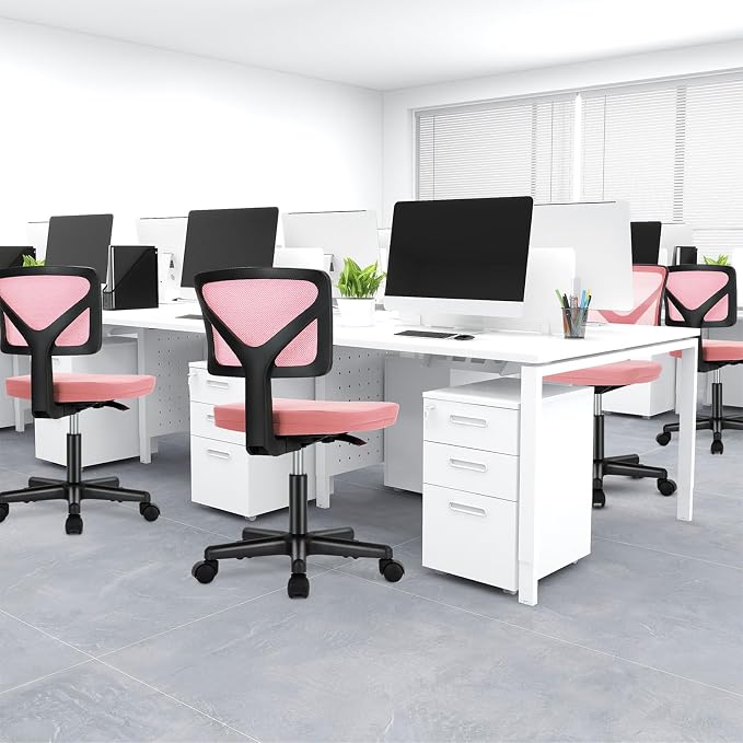 DUMOS Armless Desk Chairs, Small Home Office Mesh Chairs | Ergonomic Adjustable Mid Back, Swivel Rolling Task, Computer Work Vanity Small Spaces, Pink