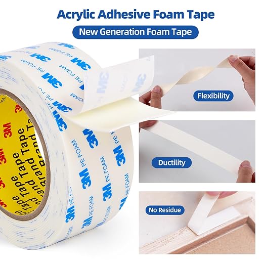 3M Double Sided Tape 2"×16.5Ft, Mounting Tape Heavy Duty No Residue | Removable PE Foam Tape Strips, Extra Strong Adhesive Tape Waterproof for Walls Home Office Decor Crafts Paint Picture Poster