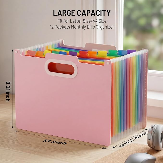 Comix Expanding File Folder,14 Pockets Accordion File Organizer, Pink | Letter/A4 Size Document Organizer, For Home Office School