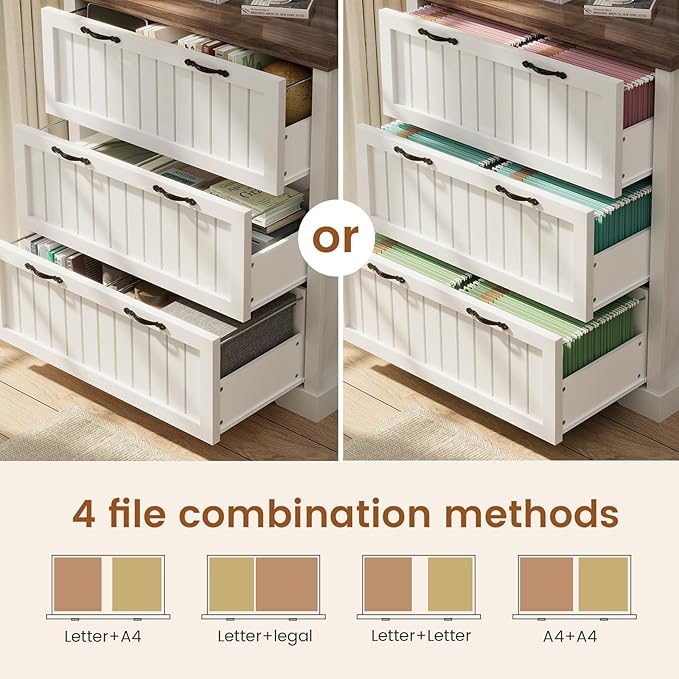 SEDETA 3 Drawer File Cabinet, Farmhouse Filing Cabinet for Home Office, Wood Office File Cabinets for Letter/Legal/A4 Size, Lateral File Cabinets with Printer Stand, White + Brown